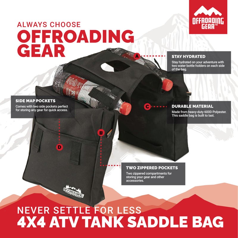 Offroading Gear 4x4 Waterproof Rear and Front Tank-Top Saddle Bag| With Two Compartments| Great for ATV| UTV| Snow Mobile| Quad Bike| Motorcycle| Etc. | Black - Image 3
